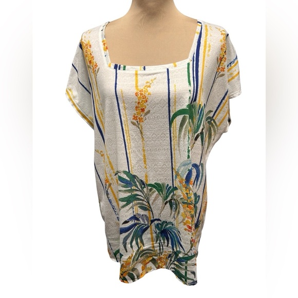 Christopher & Banks Tropical Palms Square Neckline Pullover Blouse Cap Sleeve 1X - Picture 1 of 10